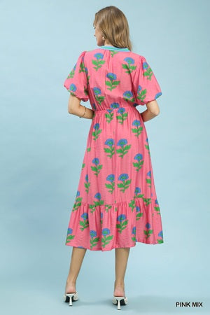 Umgee Floral Print V-Neck Midi Dress
