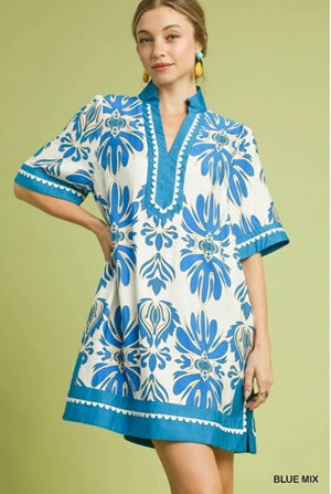 Umgee Mix Border Print Dress with Contrast Trim