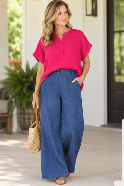 Umgee Gauze Split-Neck Boho Blouse