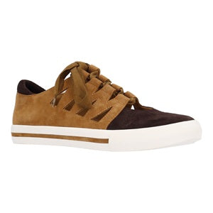 Brown and black sneaker with white sole on a white background