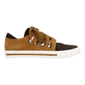 Brown and black sneaker with cut-out design on a white background