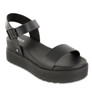 ladies' black platform sandals with a buckled ankle strap