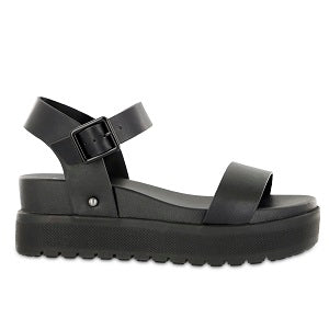 ladies' black platform sandals with a buckled ankle strap