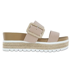 vegan leather, two strap sandal with a buckle opening, contoured footbed and finished on a 2.3 inch heel