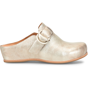Metallic gold clog shoe with a decorative buckle strap on the side with wrapped low wedge heel