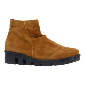Brown suede ankle boot with black sole on a white background