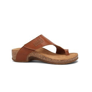 ladies' leather toe loop sandal with hook and loop adjustability, cork layer sole and arch support