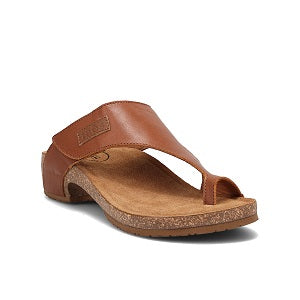 ladies' leather toe loop sandal with hook and loop adjustability, cork layer sole and arch support
