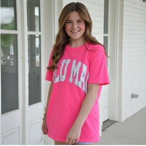 women's bright pink t-shirt with 'LULU MAC' printed on it