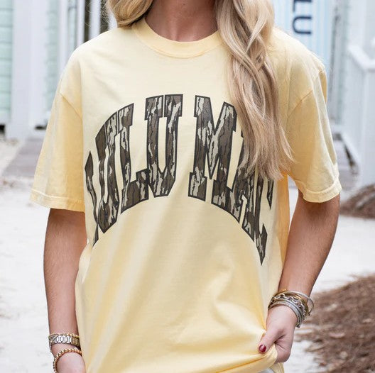 Butter color LuLu Mac Tee with Camo letters