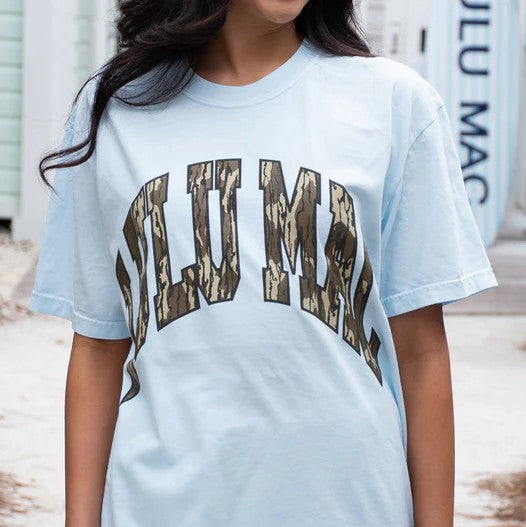 Lulu Mac Mossy Oak Tee in Light Blue with Camo Letters