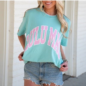 women's light blue t-shirt with pink text