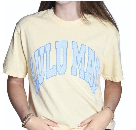 women's light yellow t-shirt with blue text