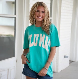 women's island green comfort tee with stripe letters