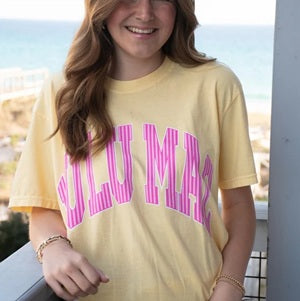 Yellow T-shirt with Pink Letters with White Stripes