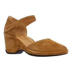 Brown suede shoe with a block heel on a white background