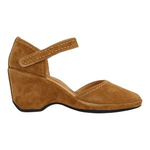 Brown suede shoe with a strap on a white background