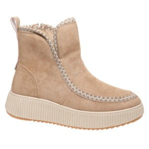 Beige winter boot with white faux fur trim interior  on a white background