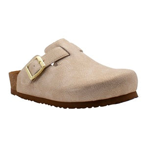Beige suede clog shoe with a gold buckle on a white background