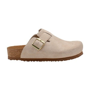 Beige clog shoe with a brown sole on a white background