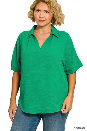 Zenana Plus Collared V-neck Top