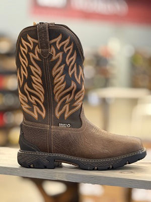 Brown cowboy boot with decorative pattern on a shelf