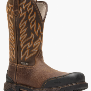Brown cowboy boot with intricate leather pattern on a white background