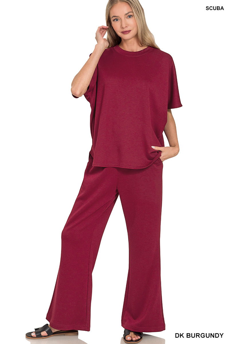 women's dark burgundy short sleeve pant set