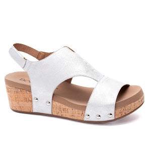 ladies' white metallic over cork adjustable strap sandal