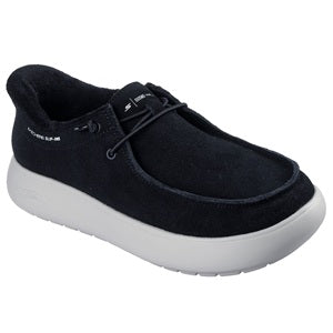 Black casual shoe with white sole on a white background