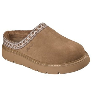 Brown slipper with a textured trim on a white background