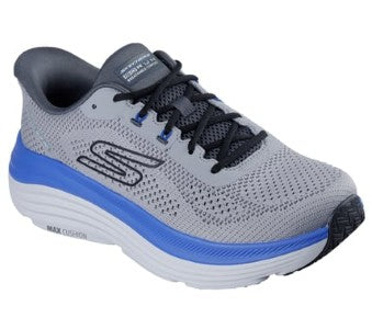 Gray and blue running shoe on a white background