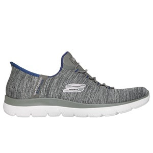 Gray athletic shoe with white sole on a white background