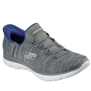 Gray athletic shoe with blue interior on a white background
