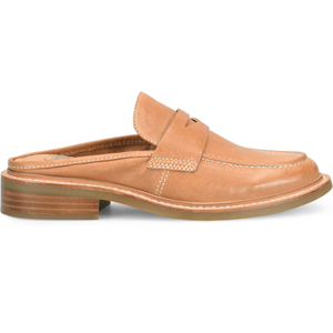 A tan leather slip-on loafer mule with a low stacked heel