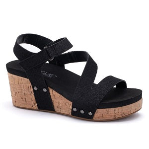ladies' asymmetrical adjustable strap black over cork wedge sandal