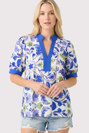 women's blue floral print short sleeve blouse