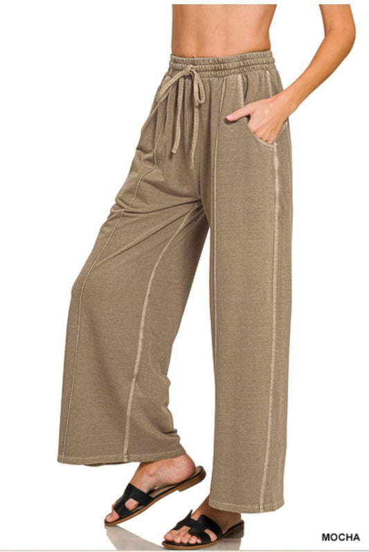 Zenana French Terry Wide Leg Pintuck Pants
