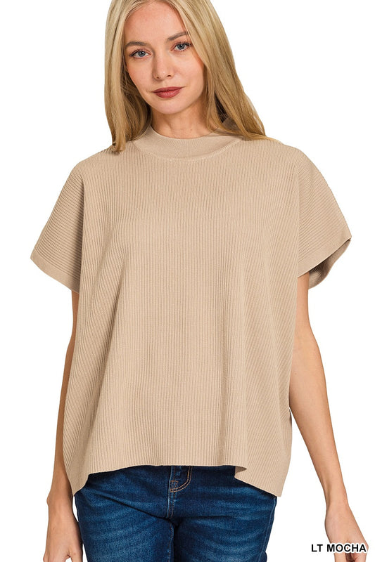 Zenana Mock Neck Short Sleeve Sweater