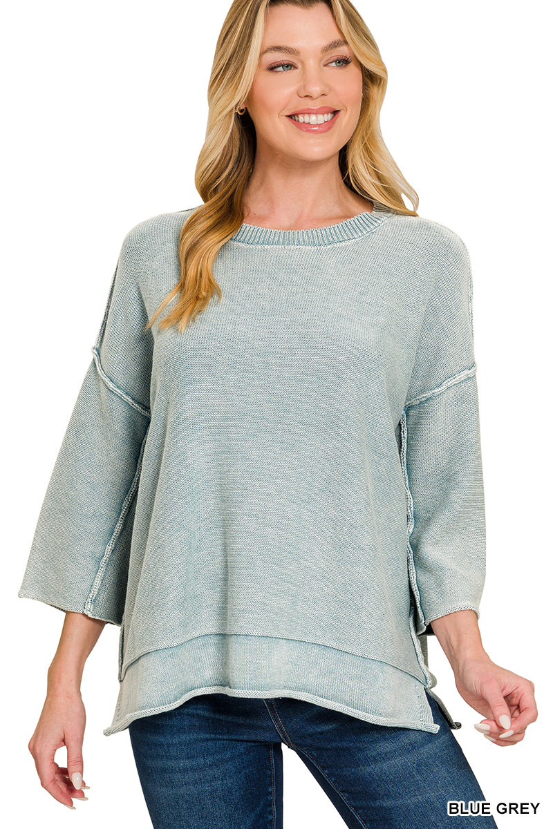 Zenana Washed 3/4 Sleeve Boxy Sweater