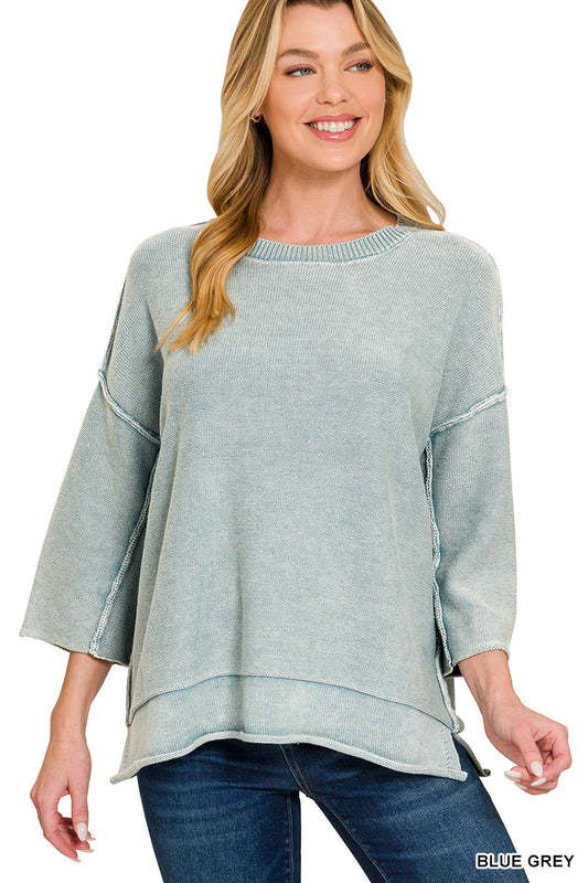 Zenana Washed 3/4 Sleeve Boxy Sweater