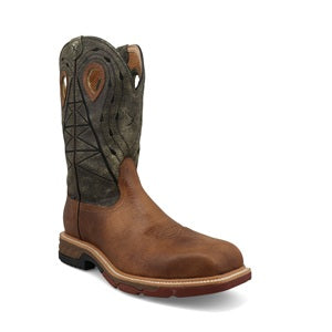 Brown  and olive men's western work boot with a patterned brown and green 