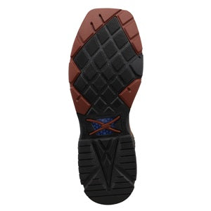 Brown  and olive men's western work boot with a patterned brown and green 