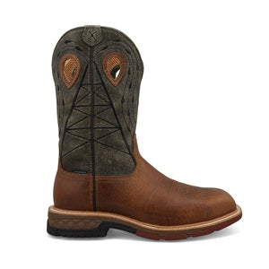 Brown  and olive men's western work boot with a patterned brown and green 
