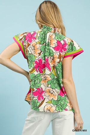 Umgee Floral Print Blouse with Contrast Trim