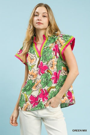Umgee Floral Print Blouse with Contrast Trim