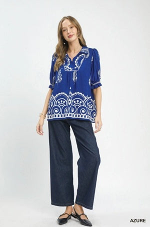 Women's royal blue short-sleeve blouse with white bohemian-style embroidery
