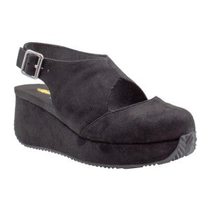 Black wedge sandal with a strap on a white background