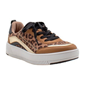 Sneaker with leopard print pattern on a white background