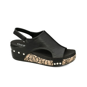 Corkys Volta II black sandal with decorative sole on a white background